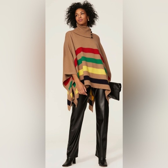 Lauren Ralph Lauren Sweaters - Lauren Ralph Lauren Poncho Women Small Medium Tan Multi Stripe Button Wool Blend
